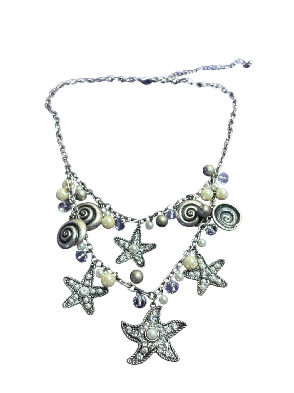 Silvertone Ocean Charm Bib Necklace Starfish Shells Faux Pearls Beachy 2 Strands